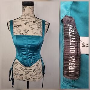 Urban Outfitters Corset Crop Top SZ M Satin Bones Side Lace Up Zip Green